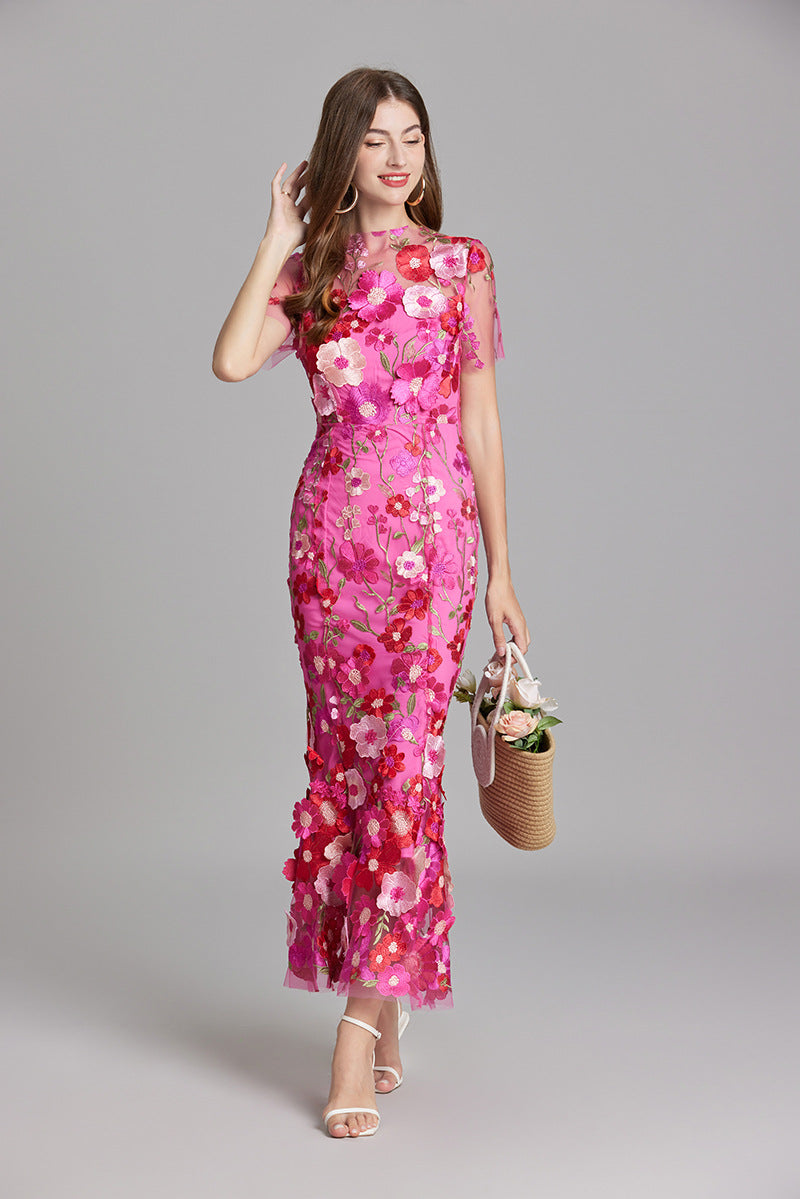 Sabine High Neck Floral Print Tulle Midi Dress - Pink