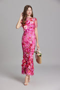 Sabine High Neck Floral Print Tulle Midi Dress - Pink