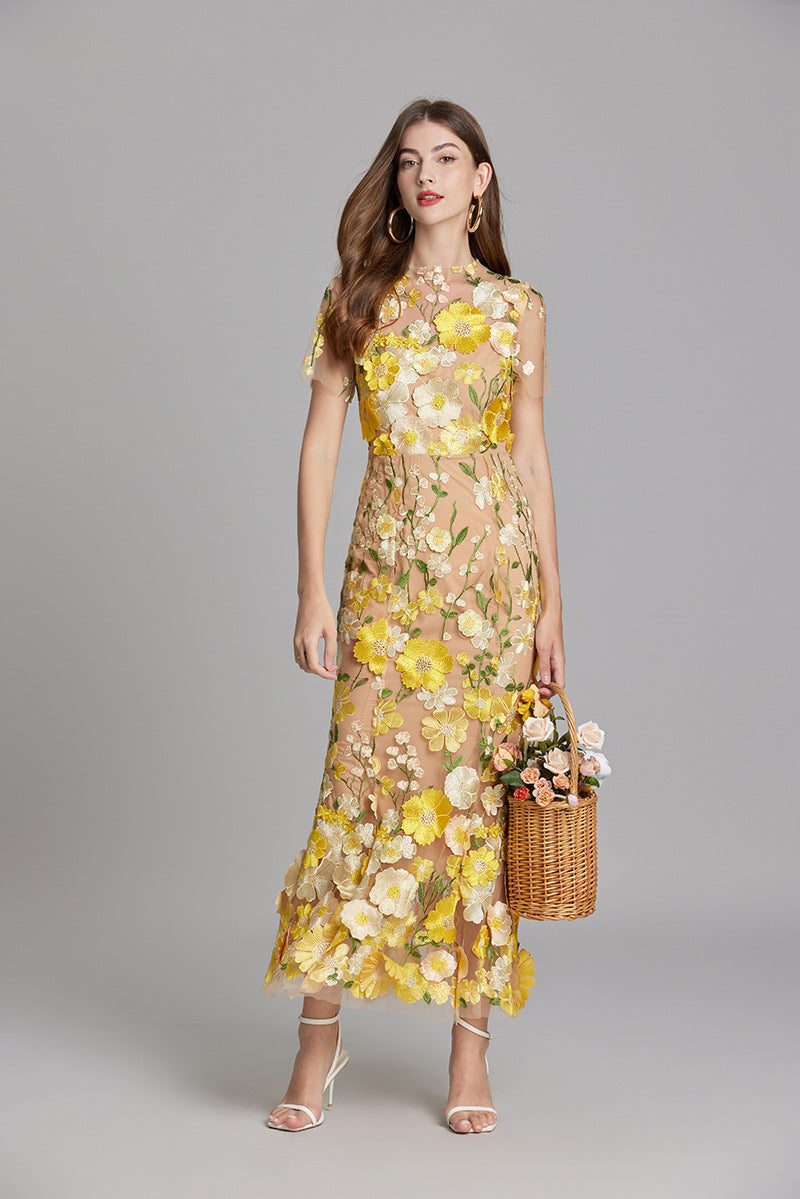 Sabine High Neck Floral Print Tulle Midi Dress - Yellow