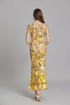 Sabine High Neck Floral Print Tulle Midi Dress - Yellow