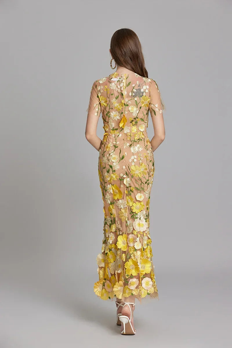 Sabine High Neck Floral Print Tulle Midi Dress - Yellow