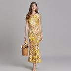 Sabine High Neck Floral Print Tulle Midi Dress - Yellow