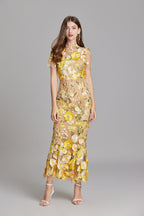 Sabine High Neck Floral Print Tulle Midi Dress - Yellow