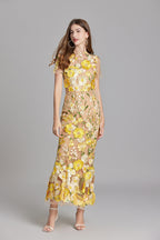 Sabine High Neck Floral Print Tulle Midi Dress - Yellow