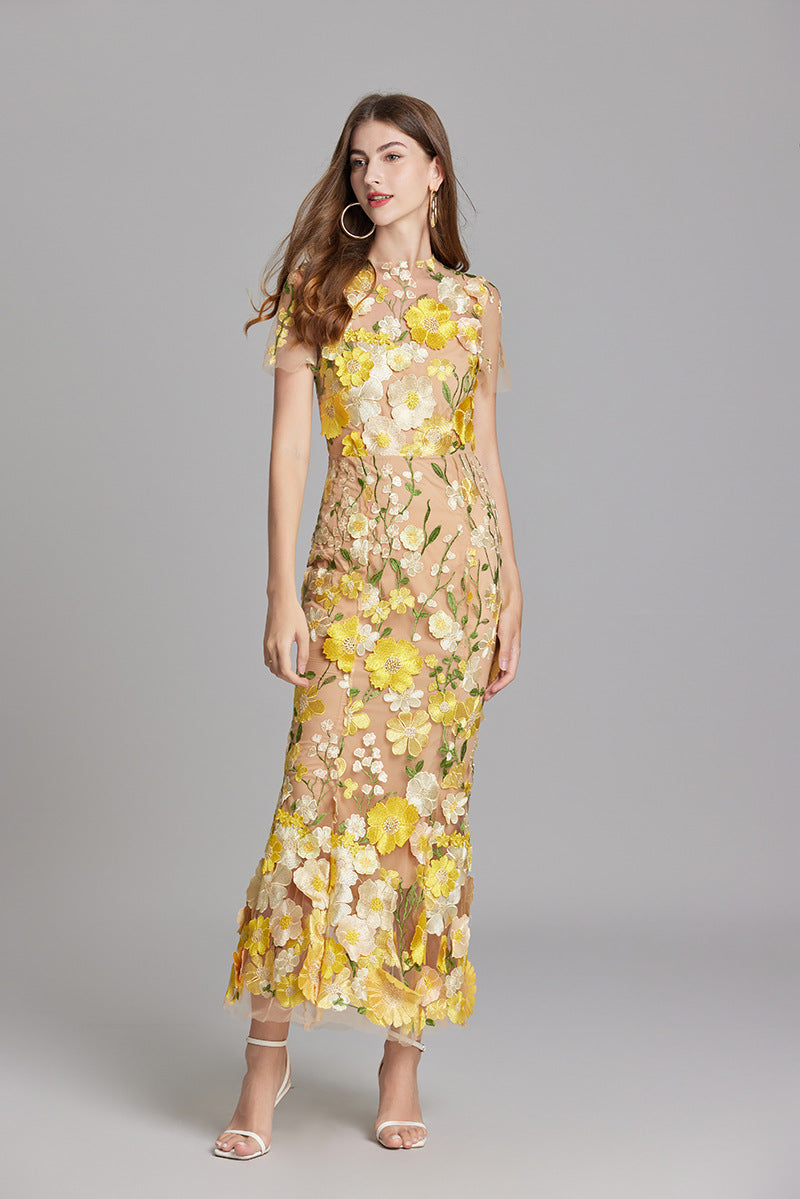 Sabine High Neck Floral Print Tulle Midi Dress - Yellow