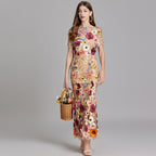 Sabine High Neck Floral Print Tulle Midi Dress - Beige