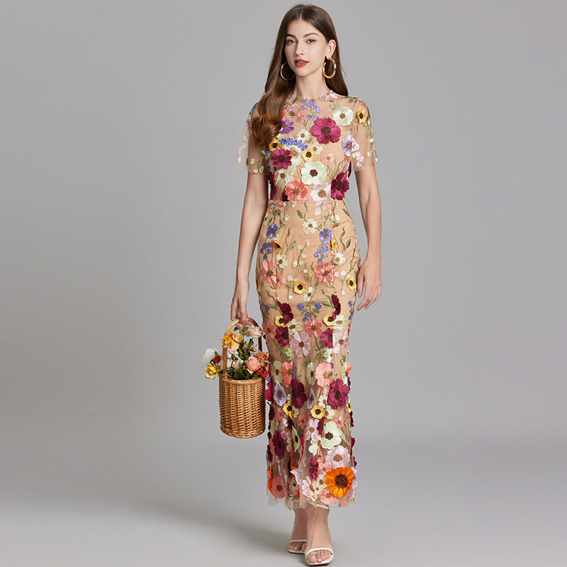 Sabine High Neck Floral Print Tulle Midi Dress - Beige