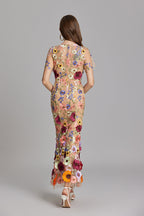 Sabine High Neck Floral Print Tulle Midi Dress - Beige