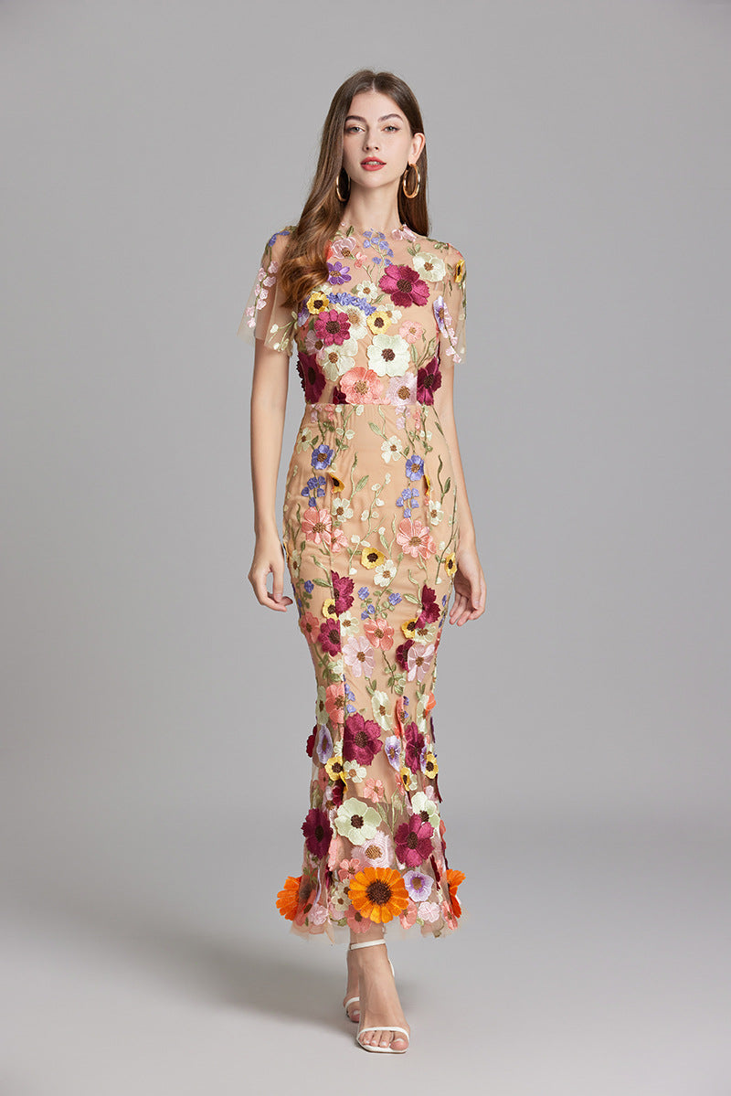 Sabine High Neck Floral Print Tulle Midi Dress - Beige