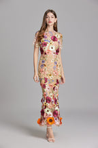 Sabine High Neck Floral Print Tulle Midi Dress - Beige