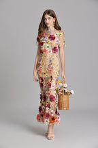 Sabine High Neck Floral Print Tulle Midi Dress - Beige