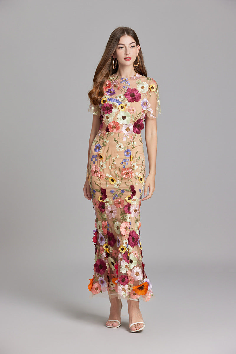 Sabine High Neck Floral Print Tulle Midi Dress - Beige