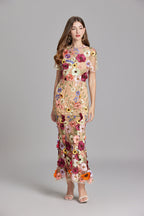 Sabine High Neck Floral Print Tulle Midi Dress - Beige