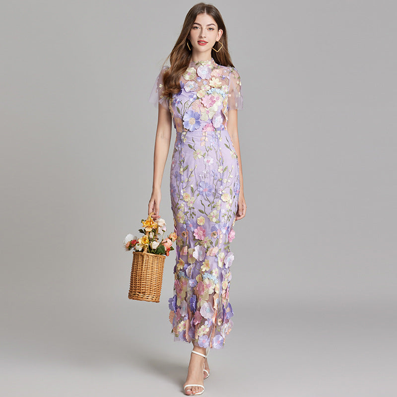 Sabine High Neck Floral Print Tulle Midi Dress - Purple