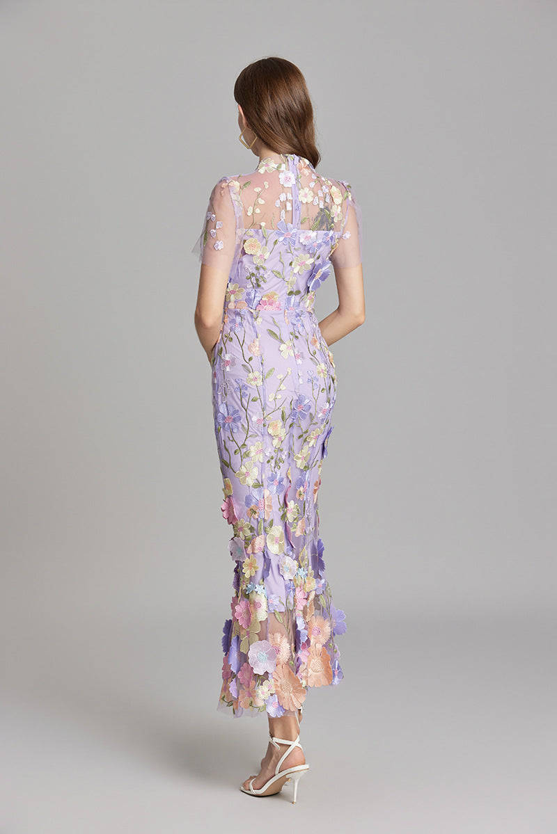 Sabine High Neck Floral Print Tulle Midi Dress - Purple