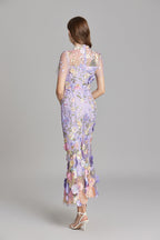 Sabine High Neck Floral Print Tulle Midi Dress - Purple
