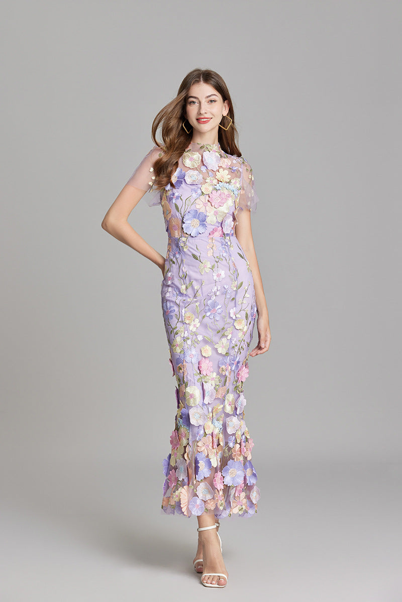 Sabine High Neck Floral Print Tulle Midi Dress - Purple