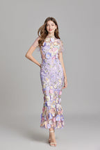 Sabine High Neck Floral Print Tulle Midi Dress - Purple