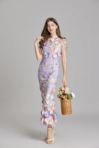 Sabine High Neck Floral Print Tulle Midi Dress - Purple