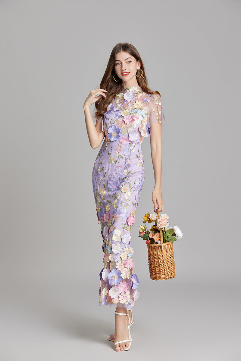 Sabine High Neck Floral Print Tulle Midi Dress - Purple