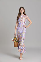 Sabine High Neck Floral Print Tulle Midi Dress - Purple