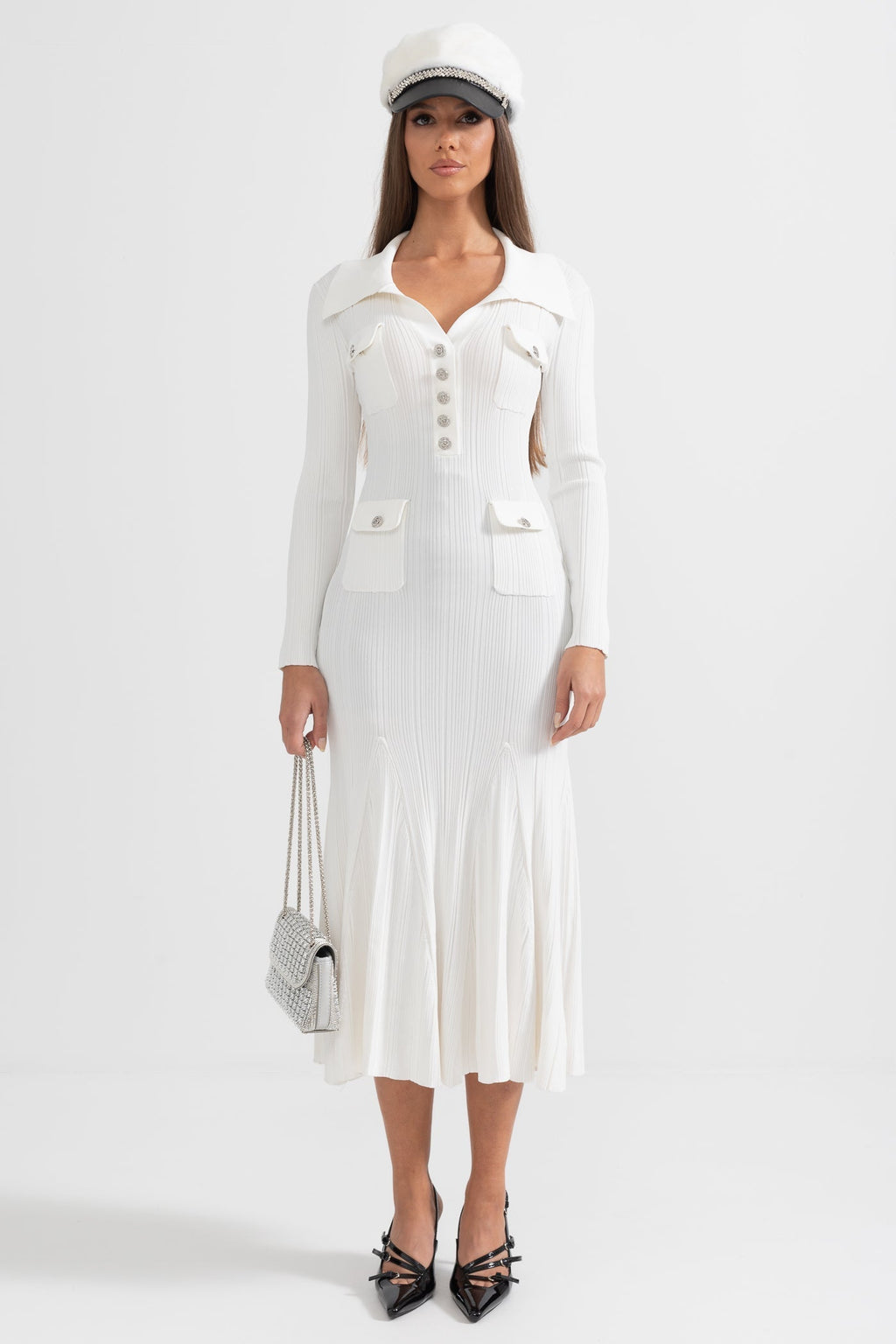 Sabine White Rib Knit Button Front Flared Midi Dress - White