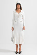 Sabine White Rib Knit Button Front Flared Midi Dress - White