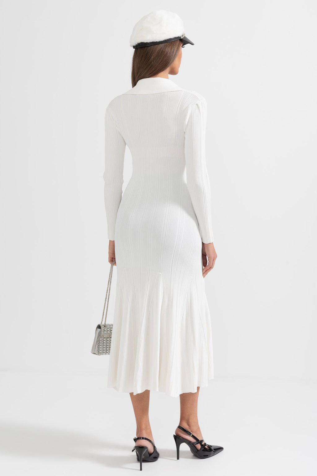 Sabine White Rib Knit Button Front Flared Midi Dress - White