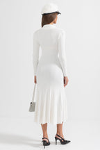 Sabine White Rib Knit Button Front Flared Midi Dress - White