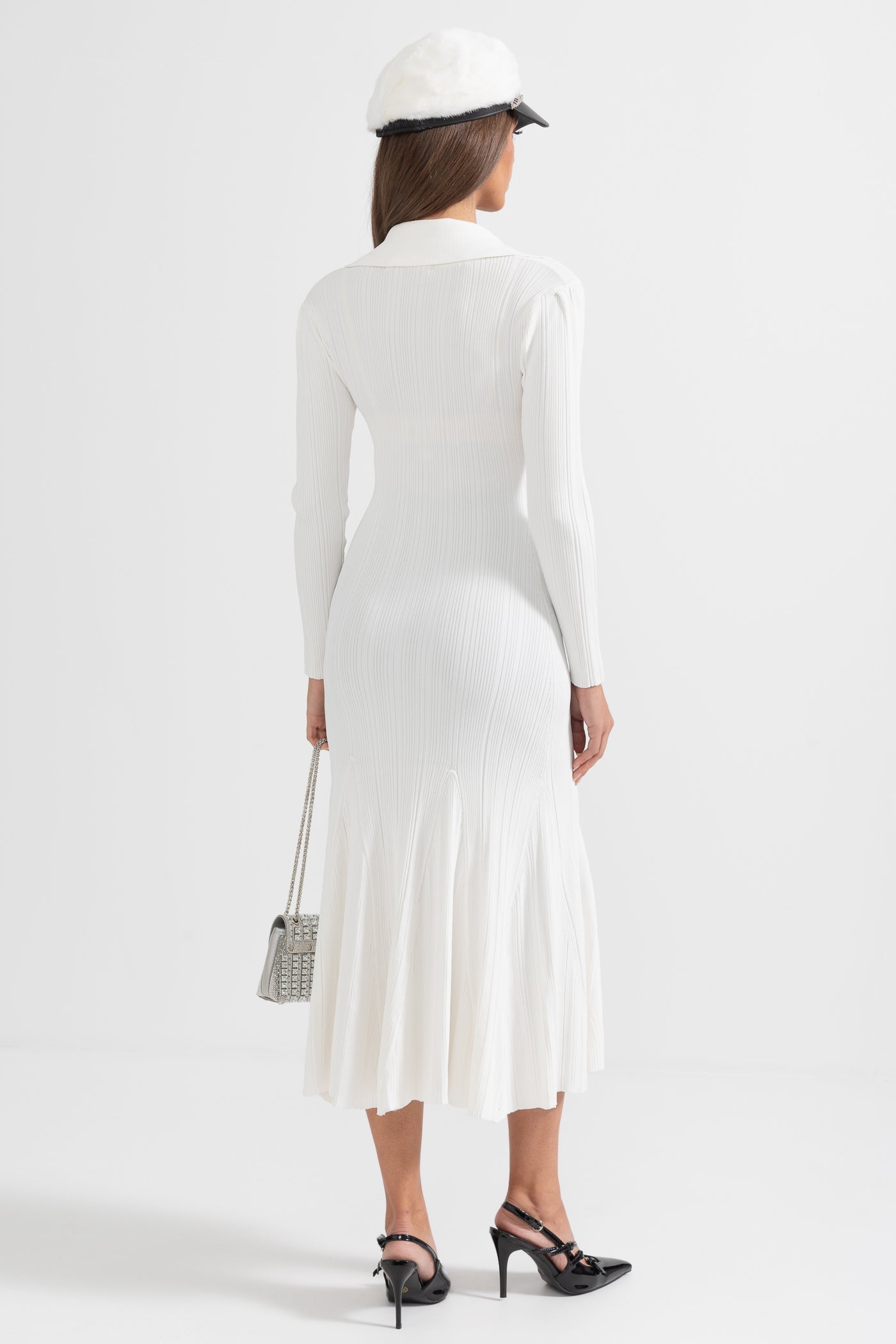Sabine White Rib Knit Button Front Flared Midi Dress - White