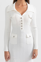 Sabine White Rib Knit Button Front Flared Midi Dress - White