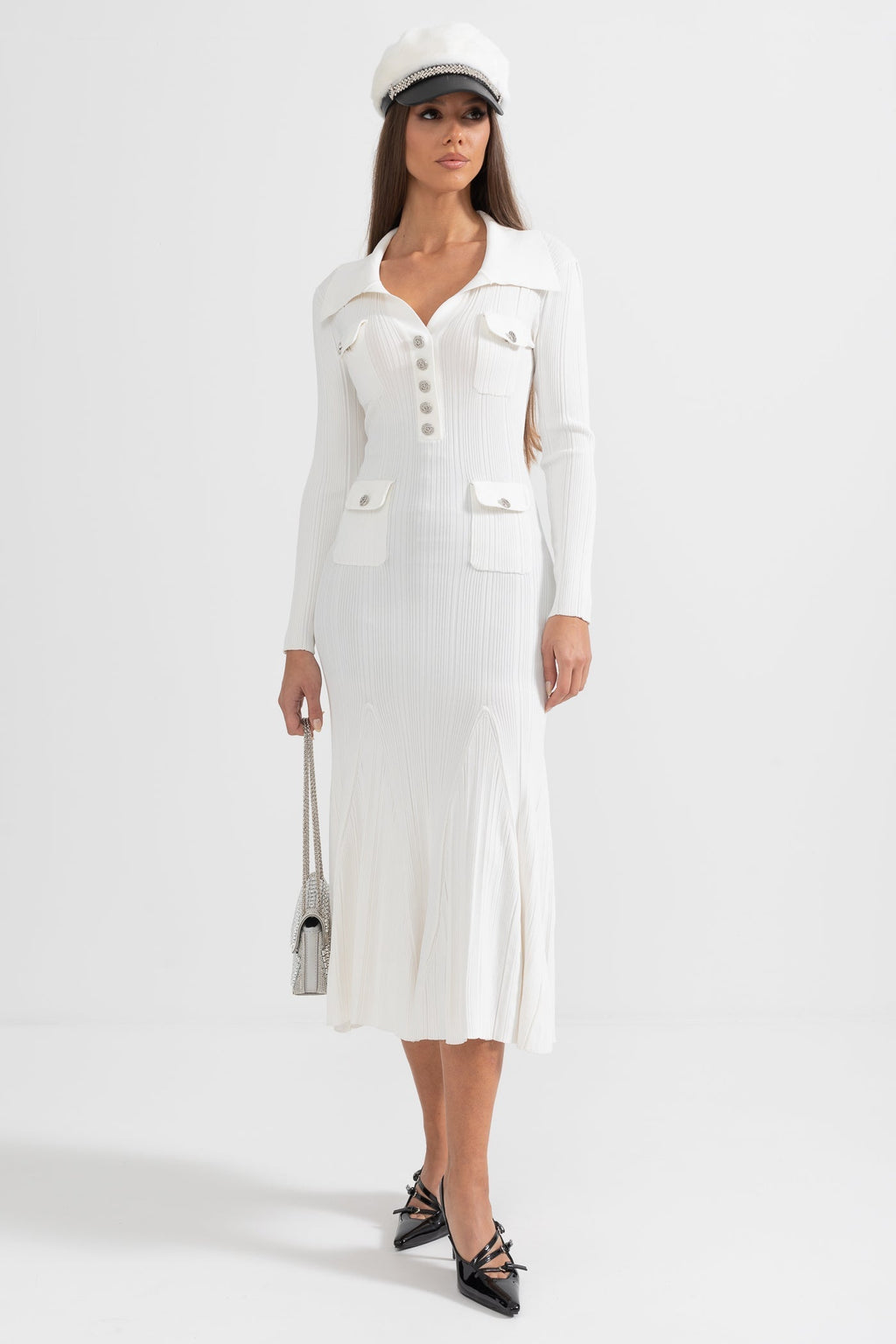 Sabine White Rib Knit Button Front Flared Midi Dress - White