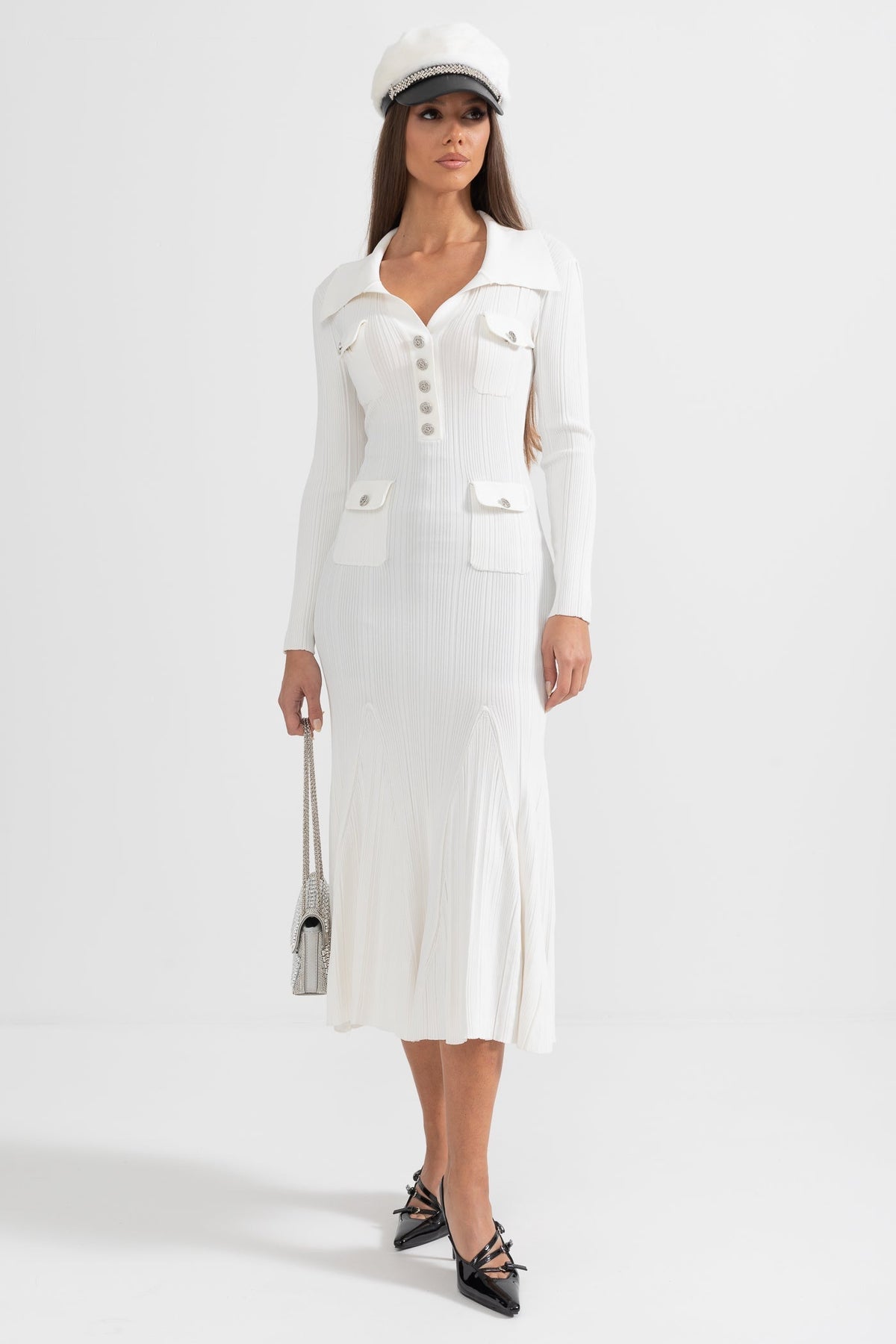 Sabine White Rib Knit Button Front Flared Midi Dress - White