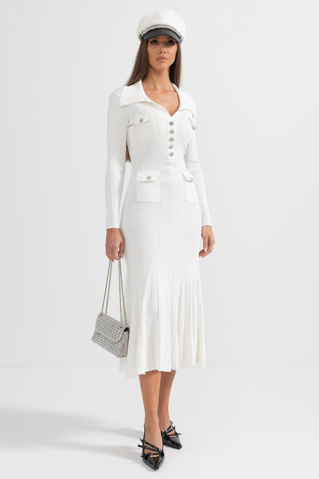 Sabine White Rib Knit Button Front Flared Midi Dress - White