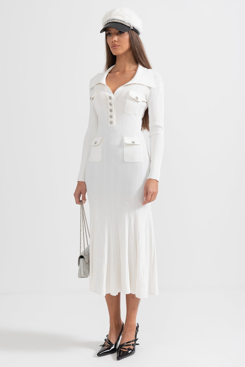 Sabine White Rib Knit Button Front Flared Midi Dress - White