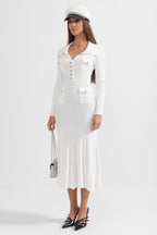 Sabine White Rib Knit Button Front Flared Midi Dress - White