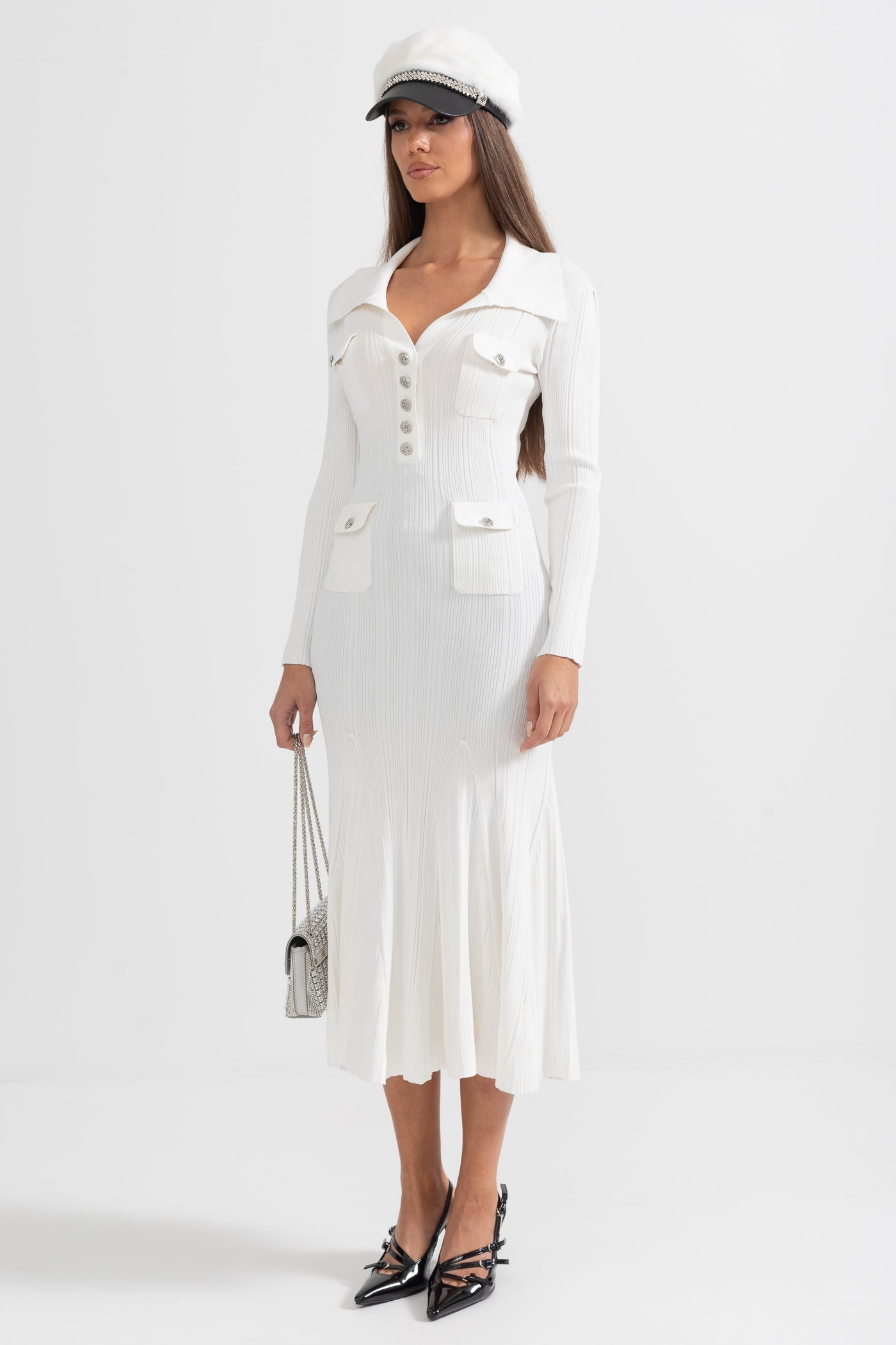 Sabine White Rib Knit Button Front Flared Midi Dress - White