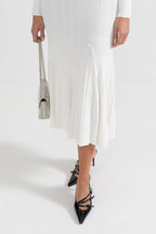 Sabine White Rib Knit Button Front Flared Midi Dress - White