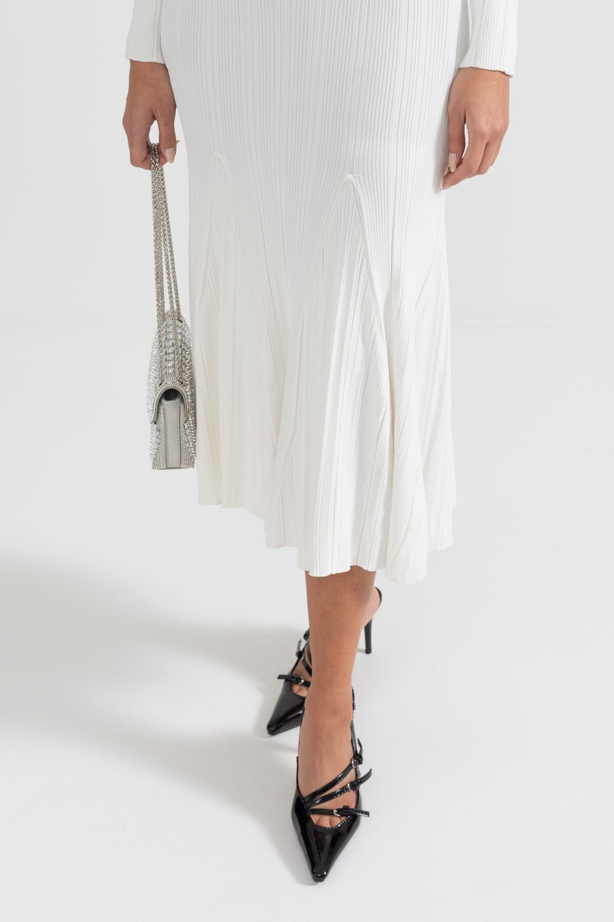 Sabine White Rib Knit Button Front Flared Midi Dress - White