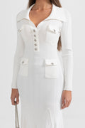 Sabine White Rib Knit Button Front Flared Midi Dress - White