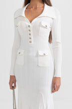 Sabine White Rib Knit Button Front Flared Midi Dress - White