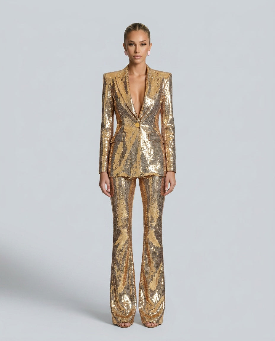 Scarlett Long Sleeve Sequin Flared Two Piece Set - Gold