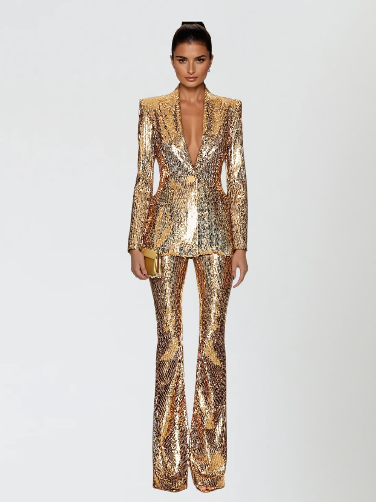 Scarlett Long Sleeve Sequin Flared Two Piece Set - Gold