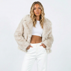 Scarlett Solid Open Front Collared Hip-Length Jacket - Beige