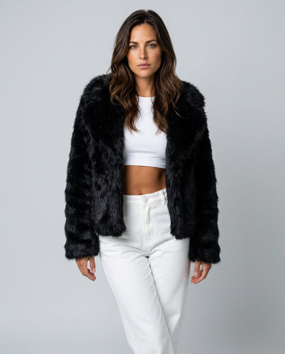Scarlett Solid Open Front Collared Hip-Length Jacket - Black