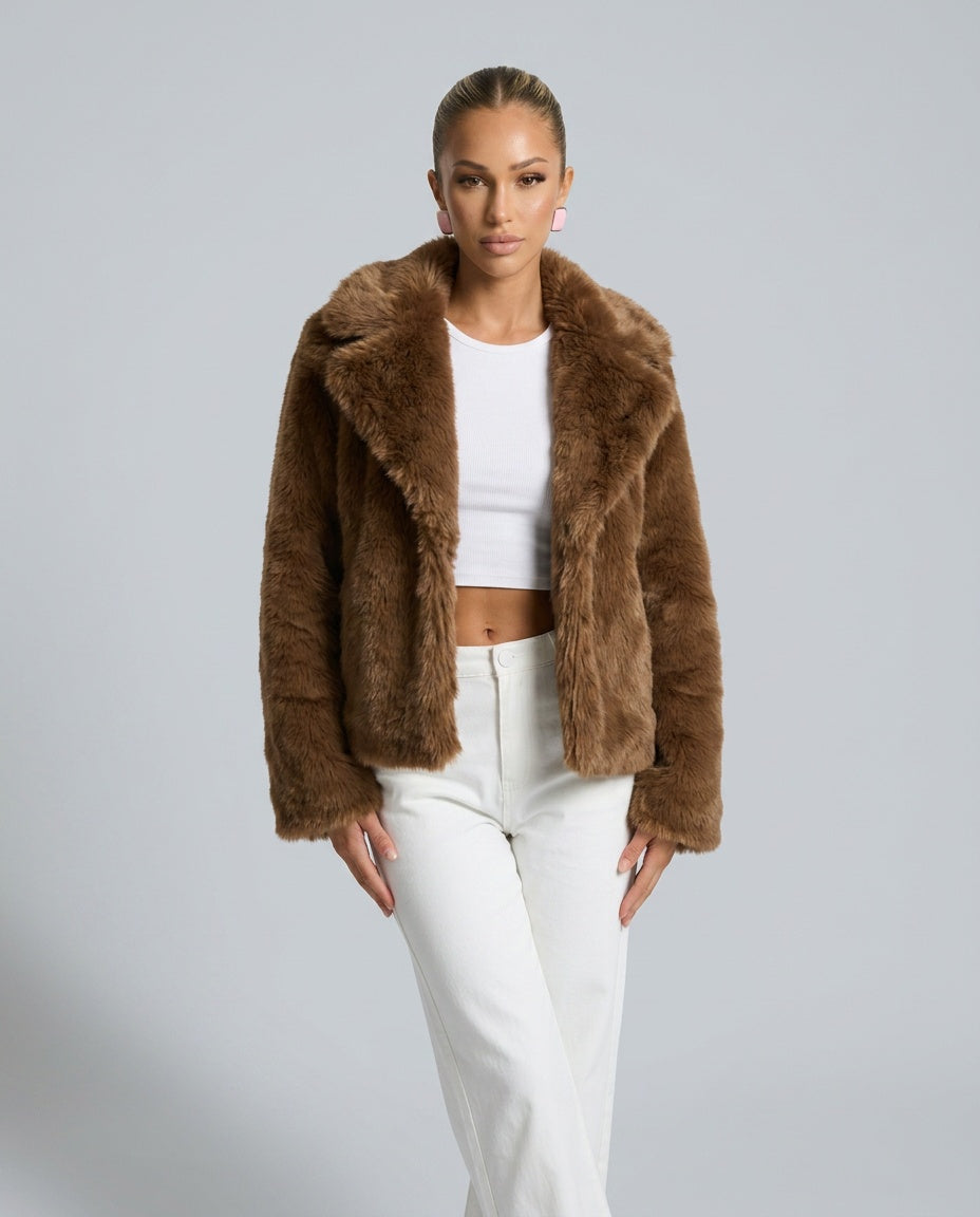 Scarlett Solid Open Front Collared Hip-Length Jacket - Coffee