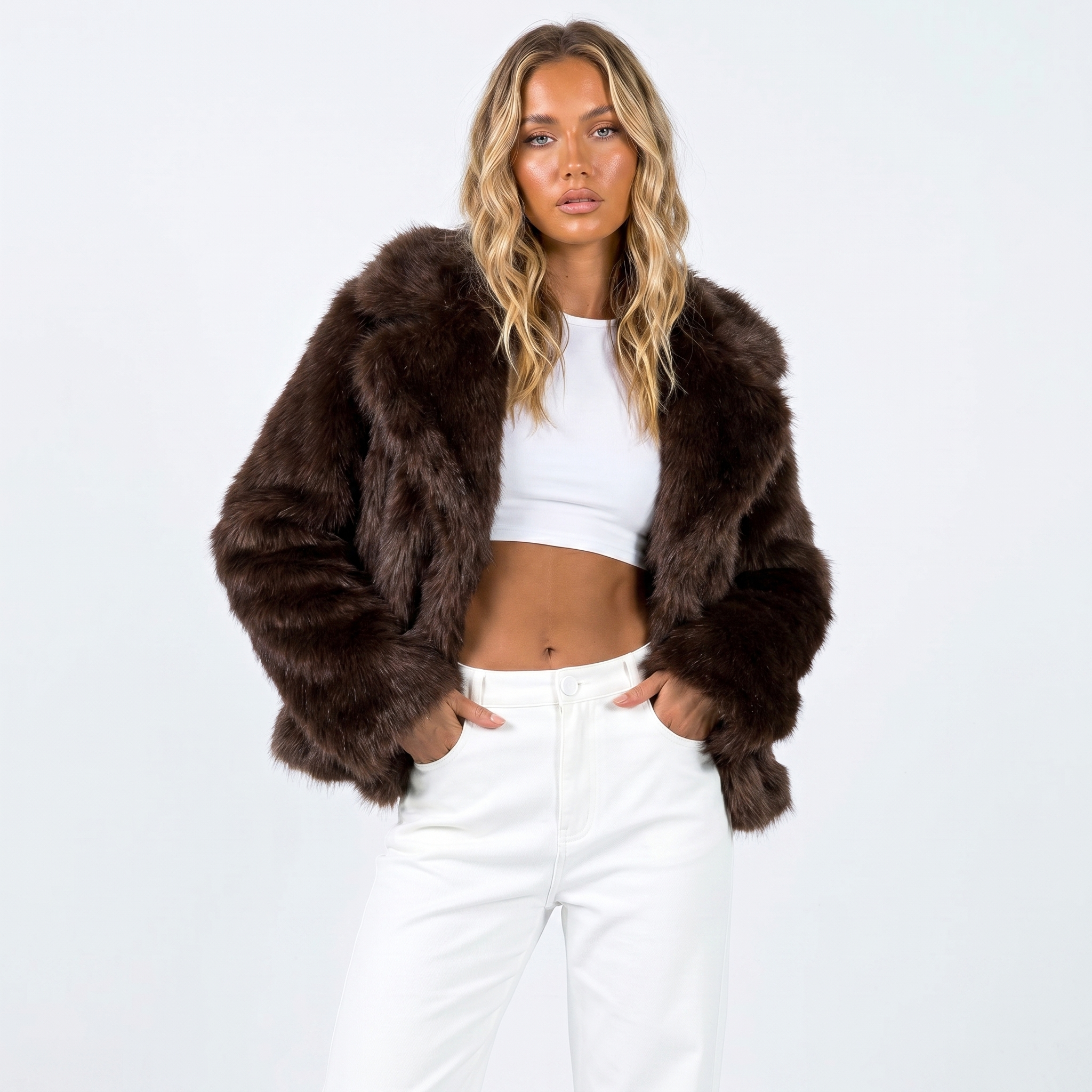 Scarlett Solid Open Front Collared Hip-Length Jacket - Coffee