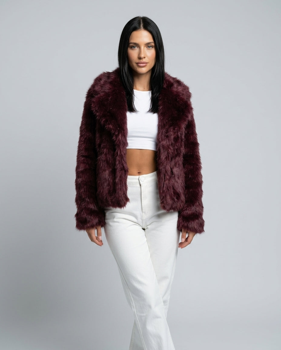 Scarlett Solid Open Front Collared Hip-Length Jacket - Burgundy