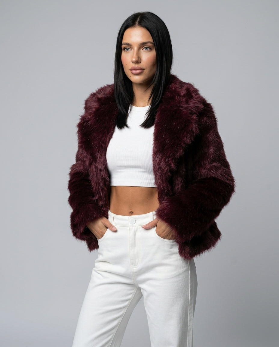 Scarlett Solid Open Front Collared Hip-Length Jacket - Burgundy