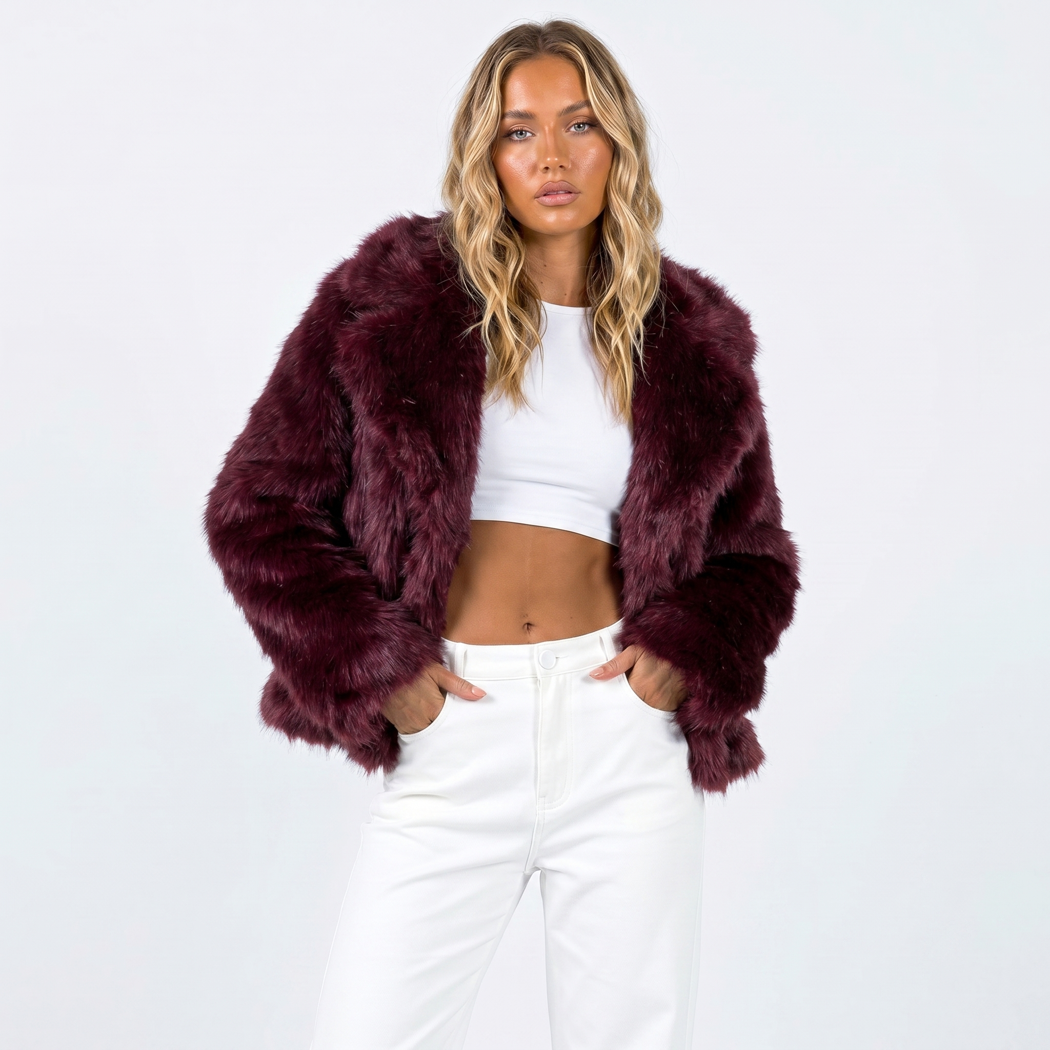 Scarlett Solid Open Front Collared Hip-Length Jacket - Burgundy